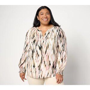 Belle By Kim Graver Beige Flame Game Abstract Split Neck Blouse Top Plus Size 5X